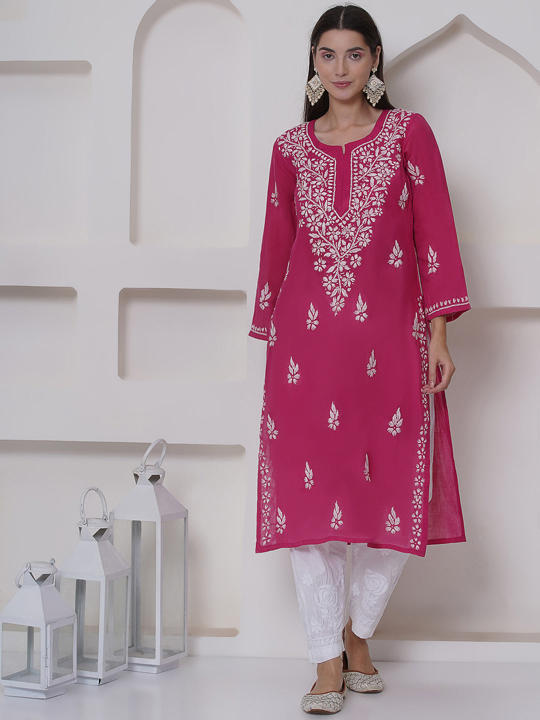 Dark pink cotton chikankari kurti for women