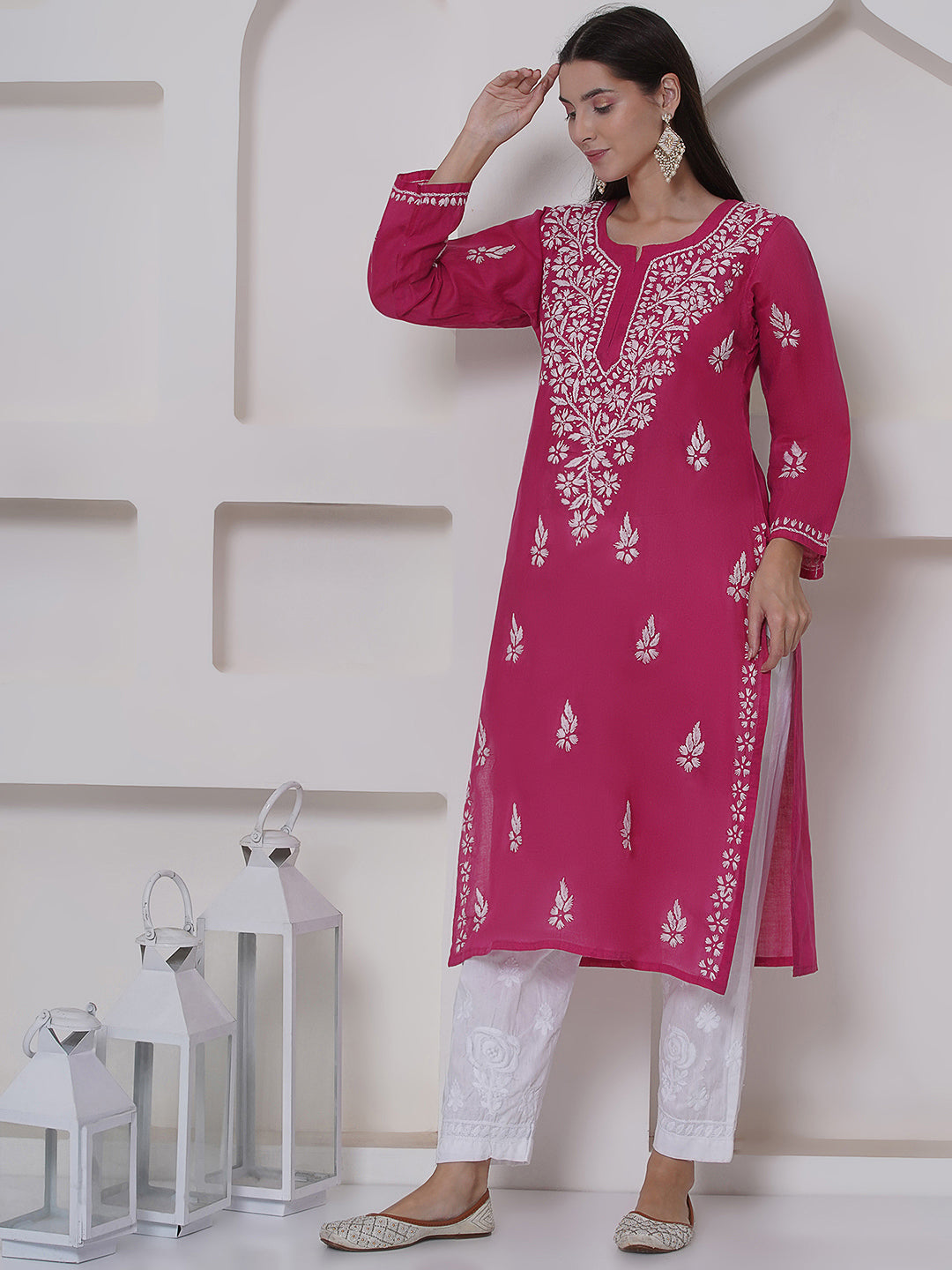 Dark pink cotton chikankari kurti for women