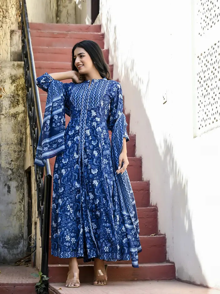 Indigo blue long kurti with dupatta