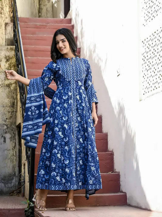 Indigo blue long kurti with dupatta