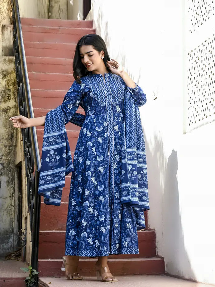 Indigo blue long kurti with dupatta