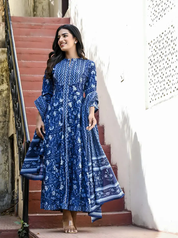 Indigo blue long kurti with dupatta