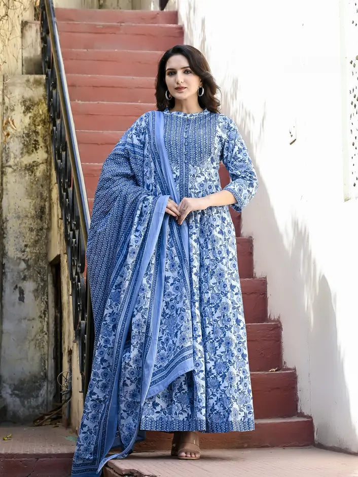 Indigo blue cotton kurti with dupatta