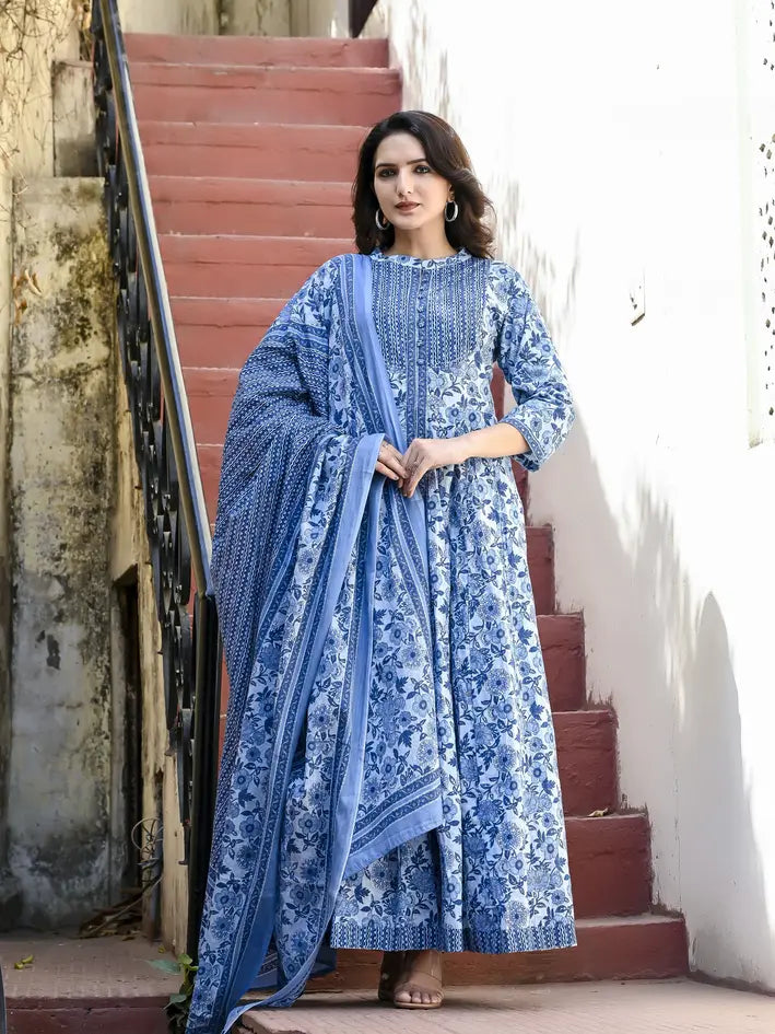 Indigo blue cotton kurti with dupatta