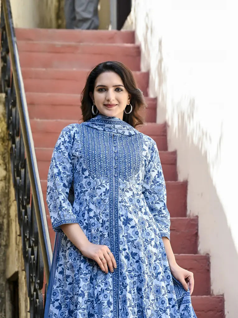 Indigo blue cotton kurti with dupatta