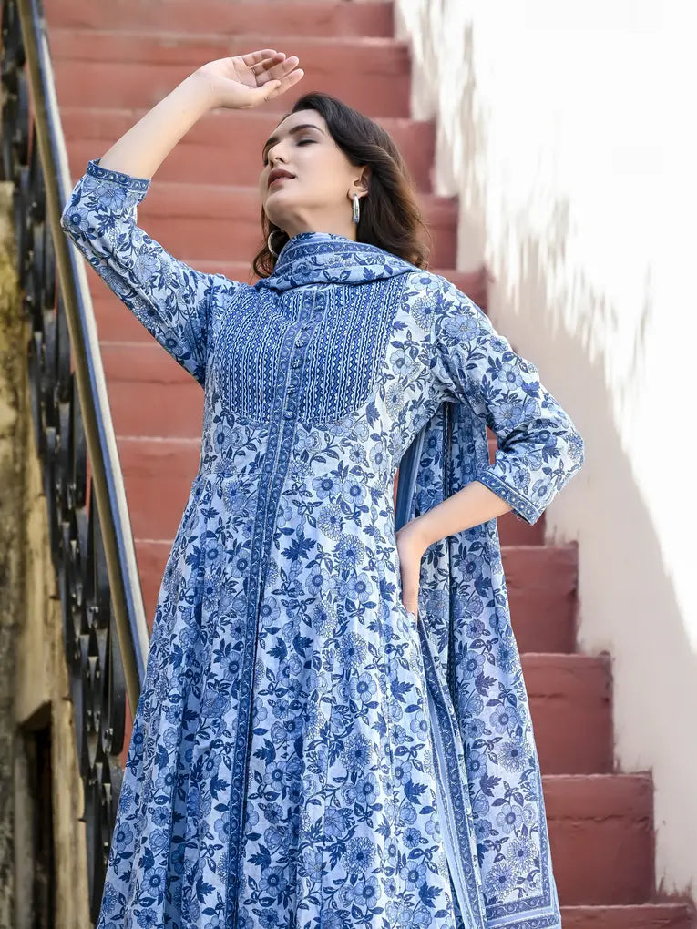 Indigo blue cotton kurti with dupatta