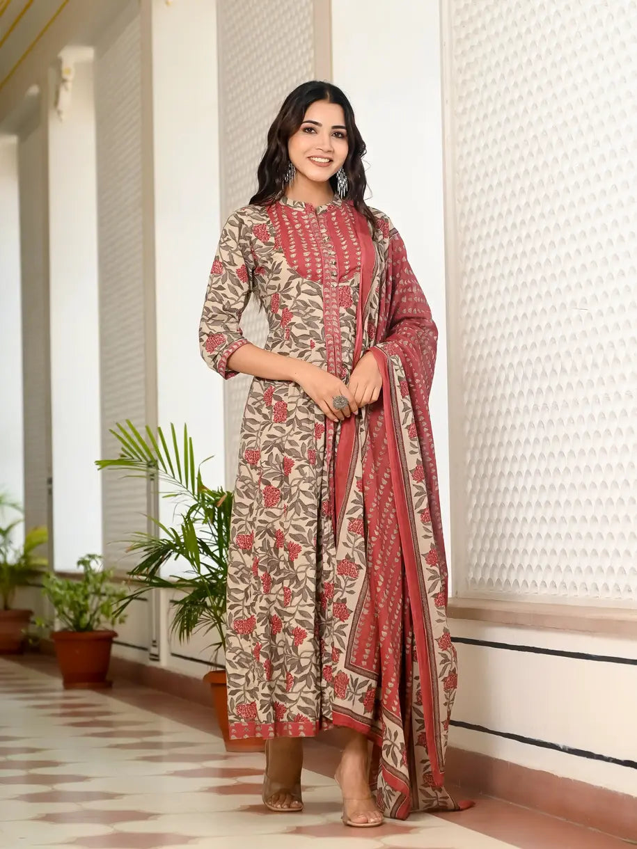 Pink and grey floral kurti with dupatta