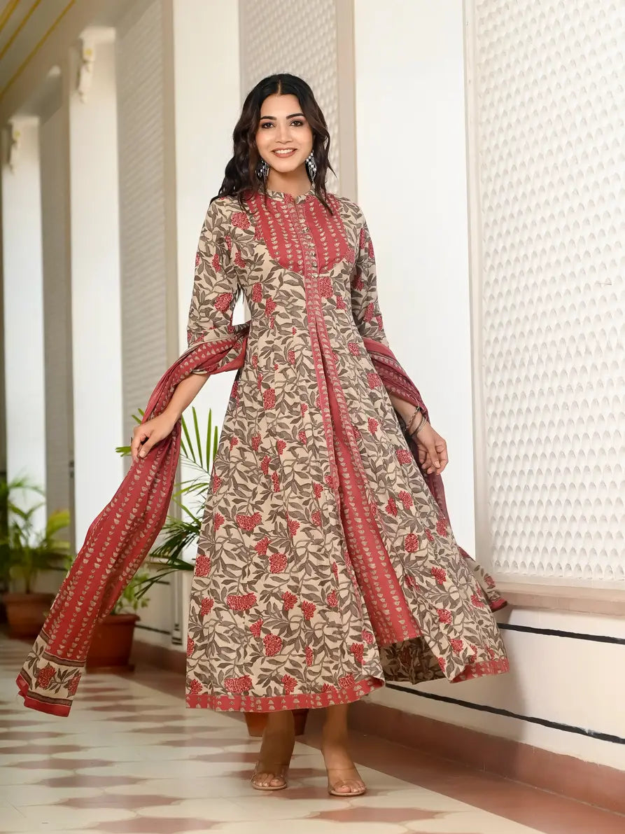 Pink and grey floral kurti with dupatta