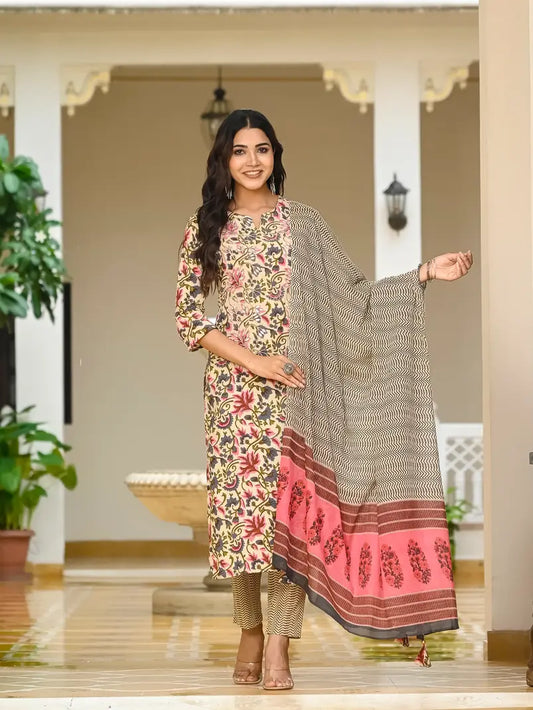 Floral print kurti with pant and dupatta set