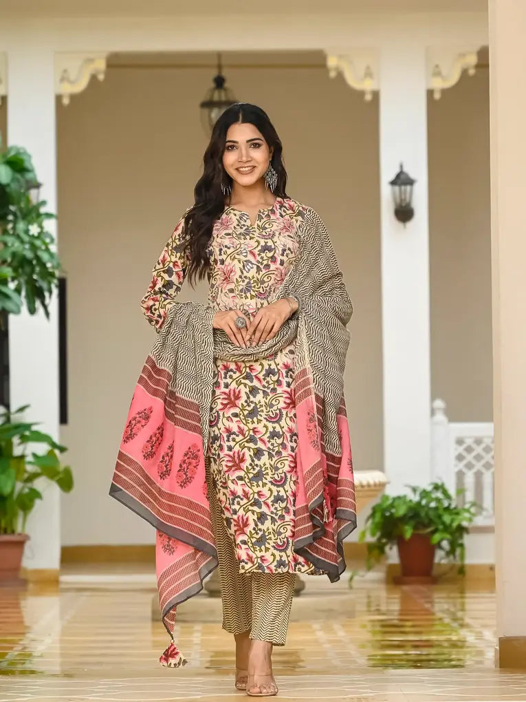 Floral print kurti with pant and dupatta set