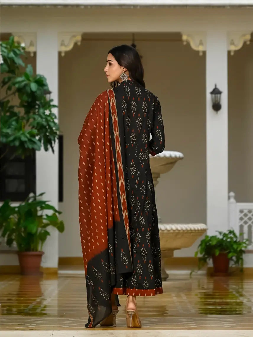 Black and rust floral long kurti and dupatta set