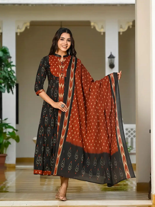 Black and rust floral long kurti and dupatta set