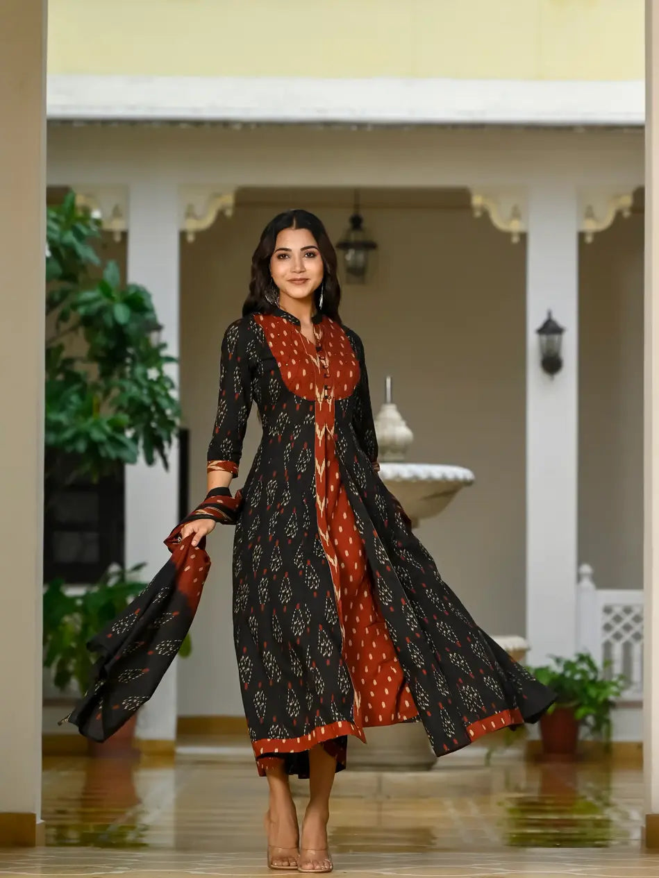 Black and rust floral long kurti and dupatta set