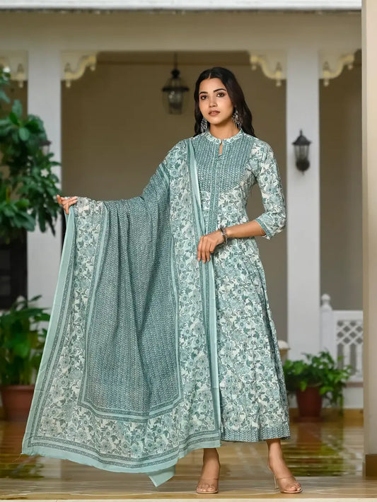 Light green cotton kurti with dupatta