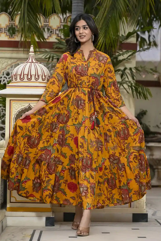 Mustard long kurti with floral print