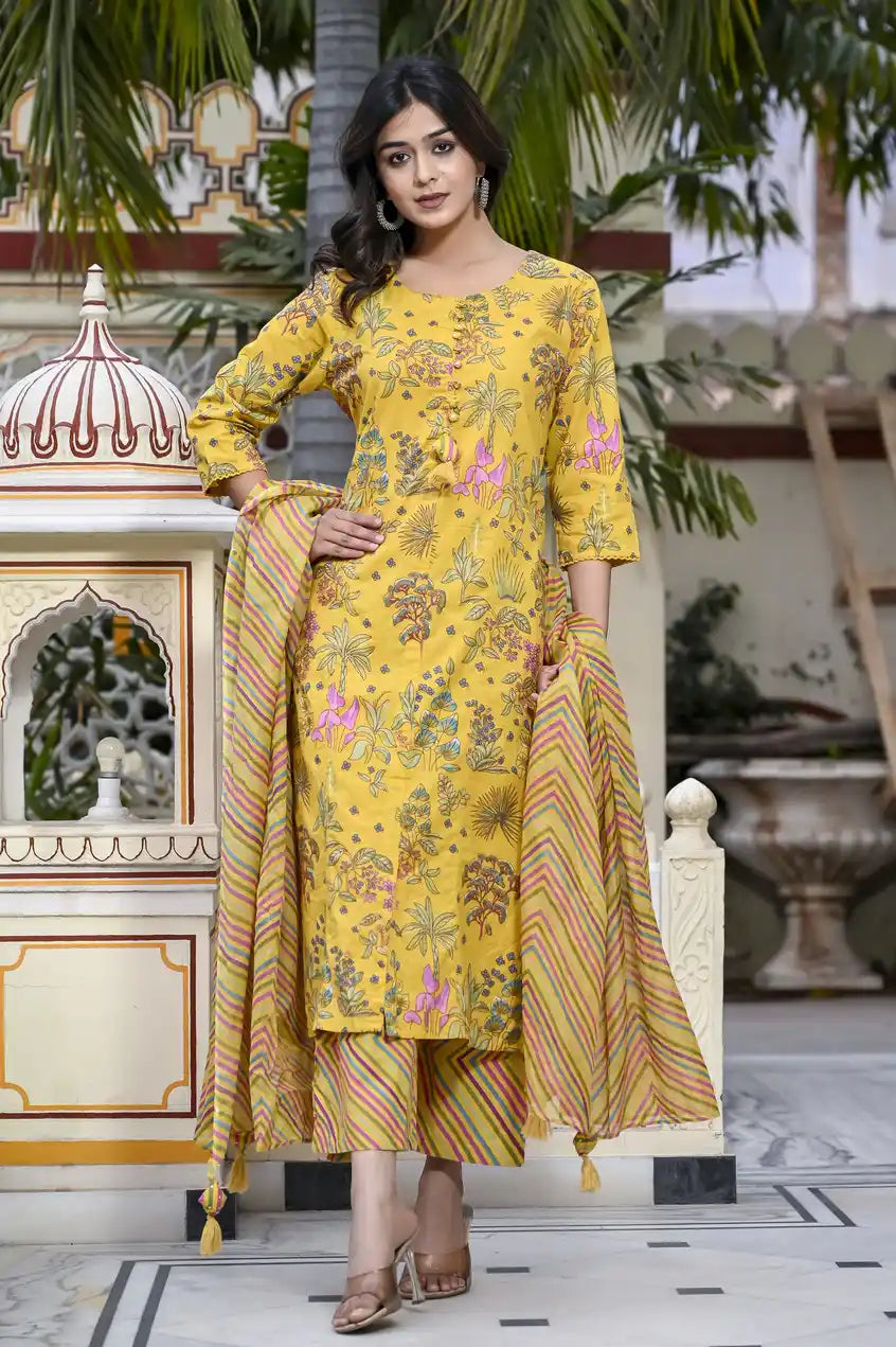 Yellow Kurti, Pant and Duppata set