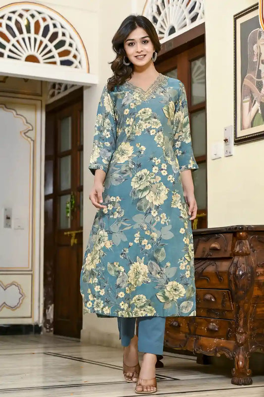 Green blue kurti and pant set