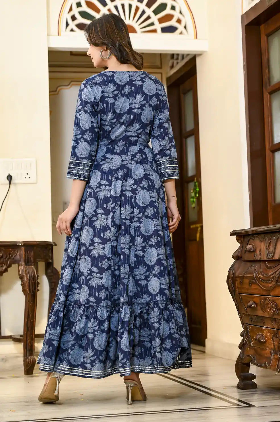 Indigo blue floral print full length Kurti