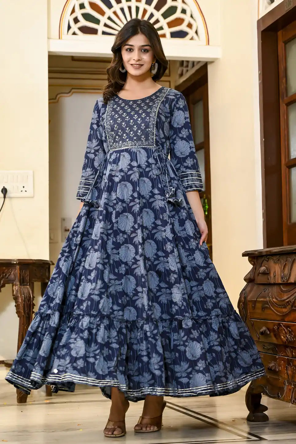 Indigo blue floral print full length Kurti