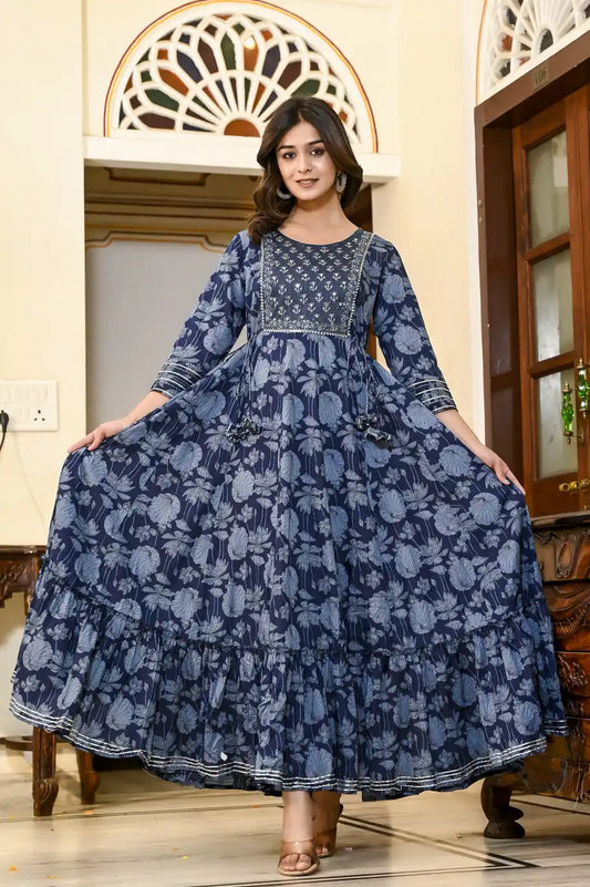 Indigo blue floral print full length Kurti