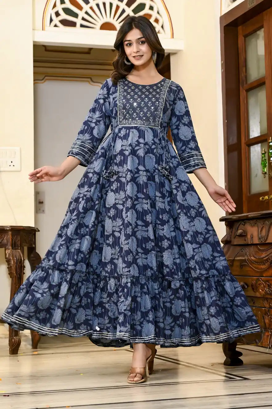 Indigo blue floral print full length Kurti