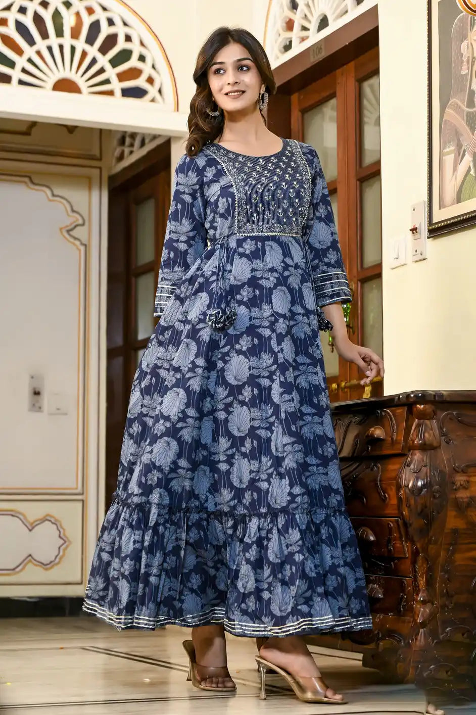 Indigo blue floral print full length Kurti