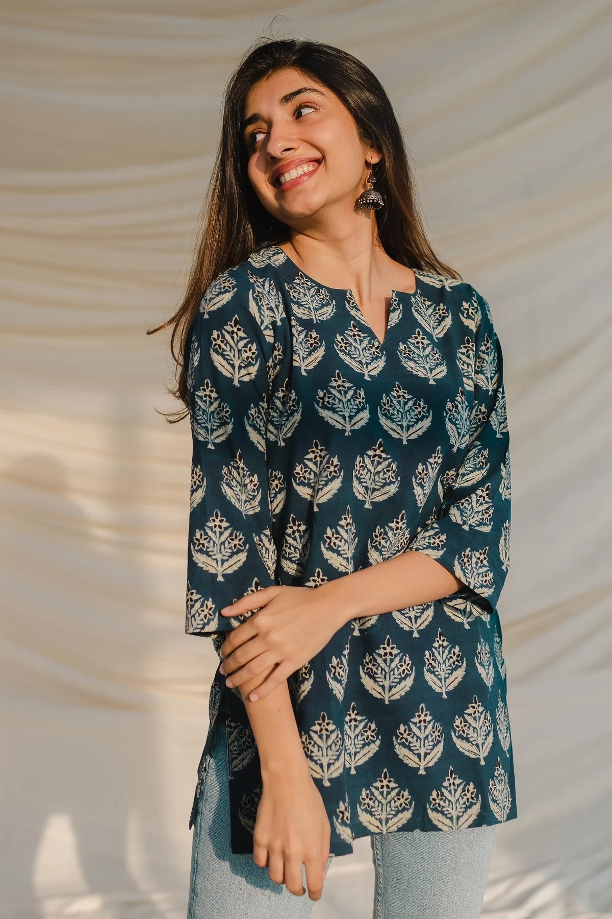 Blue ajrakh short kurti