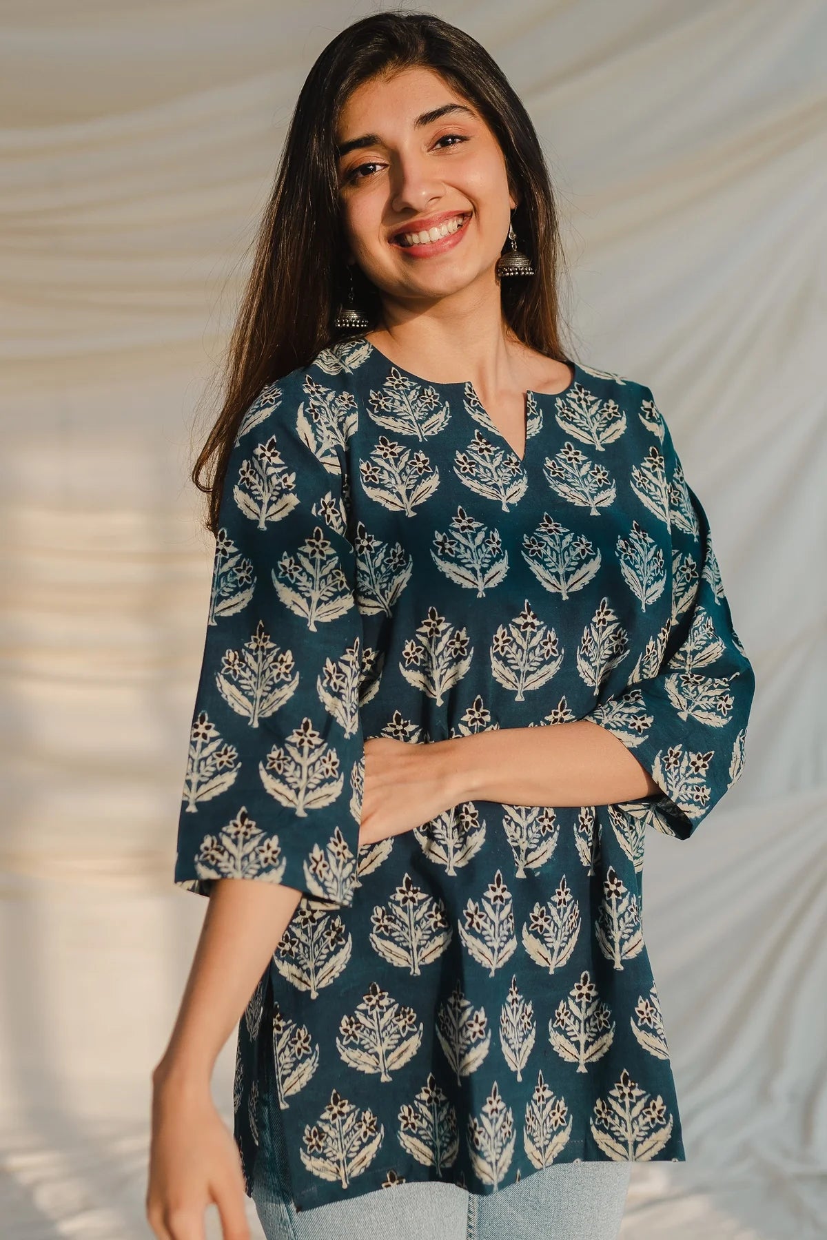 Blue ajrakh short kurti