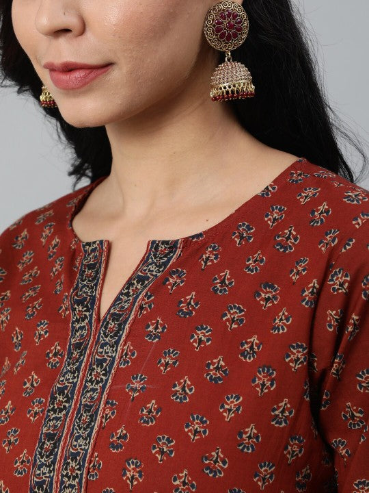 Women maroon ethnic motifs printed cotton kurti