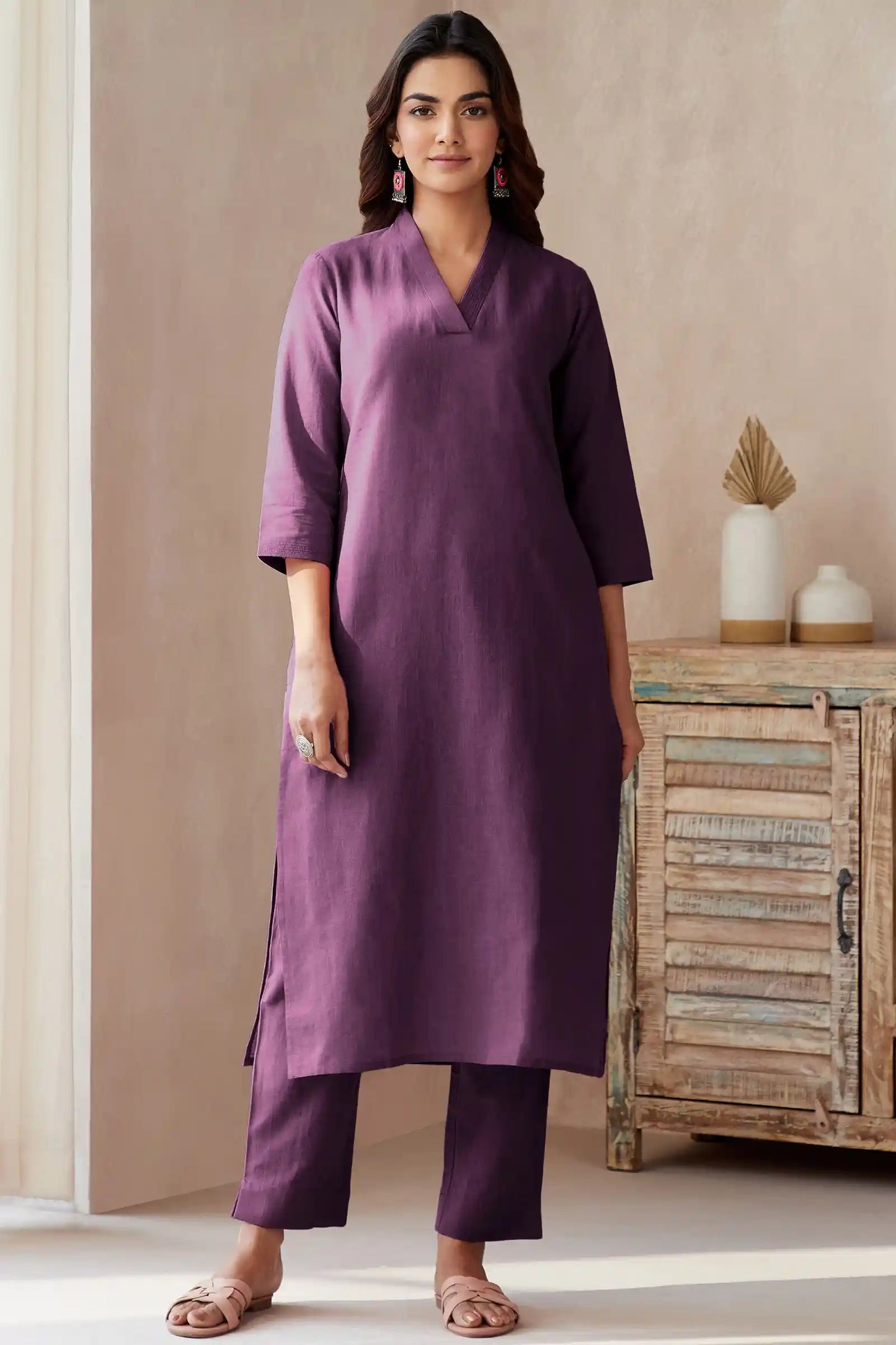 Wine Handcrafted Straight Kurta